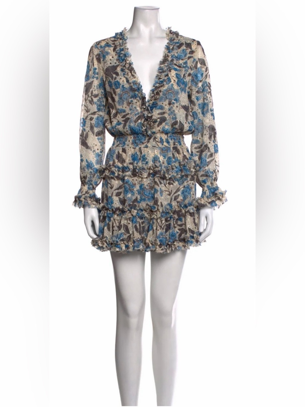 Miss Floral Ruffle Tiered Long-Sleeve Mini Dress - Blue xs